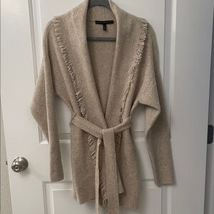 White House Black Market Beige Belted Cardigan with Fringe
